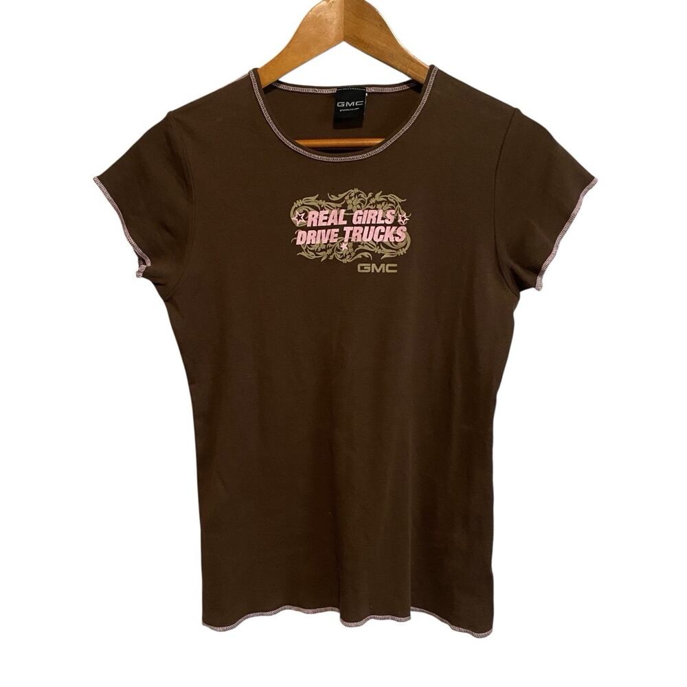 Vintage Y2K GMC Real Girls Drive Trucks Brown Graphic Baby Tee Streetwear Large